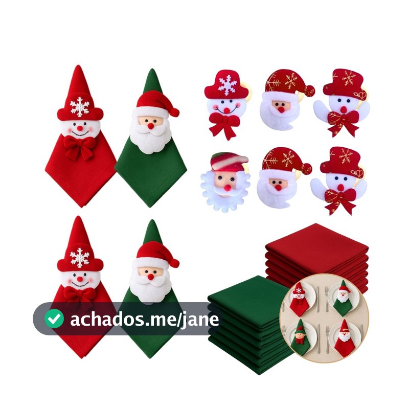 Kit com 4/8 Guardanapo + Argola Anel de Guardanapo Decorativo Mesa Posta Natal