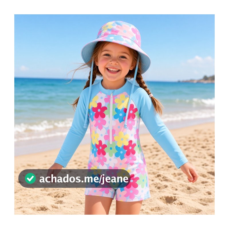Maiô Flor Com Proteção Solar Uv 50+ Chapéu Manga longa Infantil Menina Verão Praia