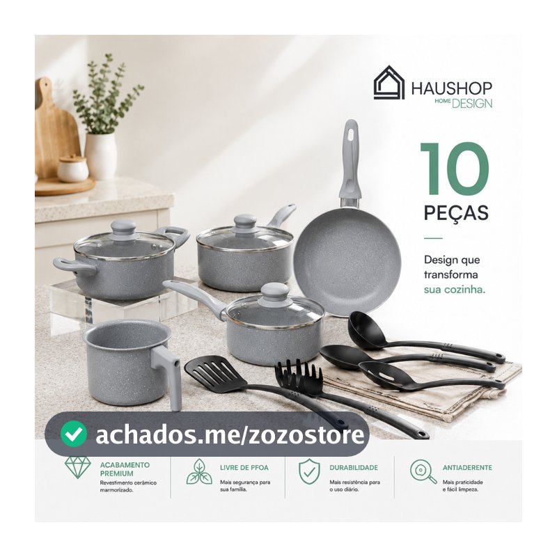 Jogo de Panelas Cerâmico Haushop 10 Peças Antiaderente Marmorizado com Tampa de Vidro Cozinha Completa