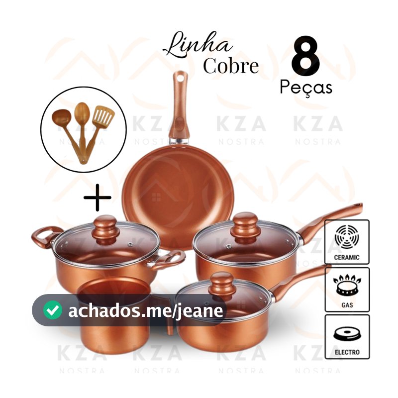 Kit Panelas Cobre Premium 8 Peças com Revestimento Cerâmico Antiaderente – Jogo de Panelas Elegante com Tampa de Vidro