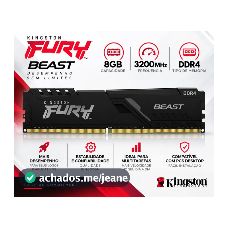 Memória DDR4 Kingston Fury Beast 8GB 3200MHz KF432C16BB/8 NOVA LACRADA
