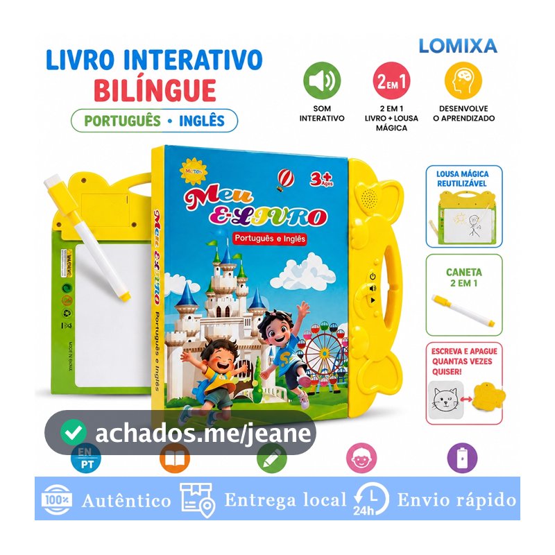 Livro Infantil Bilíngue PT EN Interativo com Som + Lousa Mágica Reutilizável e Caneta 2 em 1