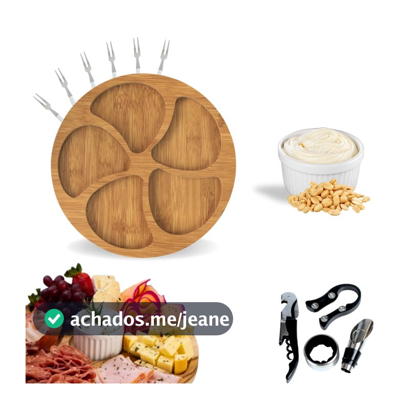 Kit Petisqueira Redonda Para Frios Queijo Com Molheira Ramekin e Garfinhos + 4 Peças p/ Vinho