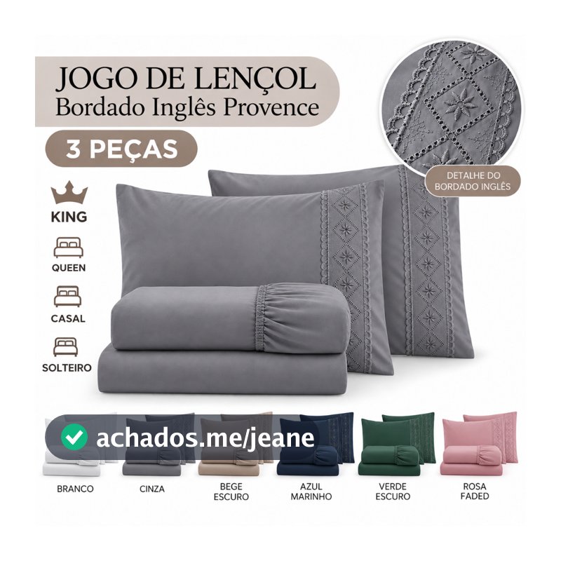 Jogo de Lençol Bordado Inglês Solteiro, Casal, Queen e King 3 Peças Frete Gratis Toque de Seda, 400 Fios.