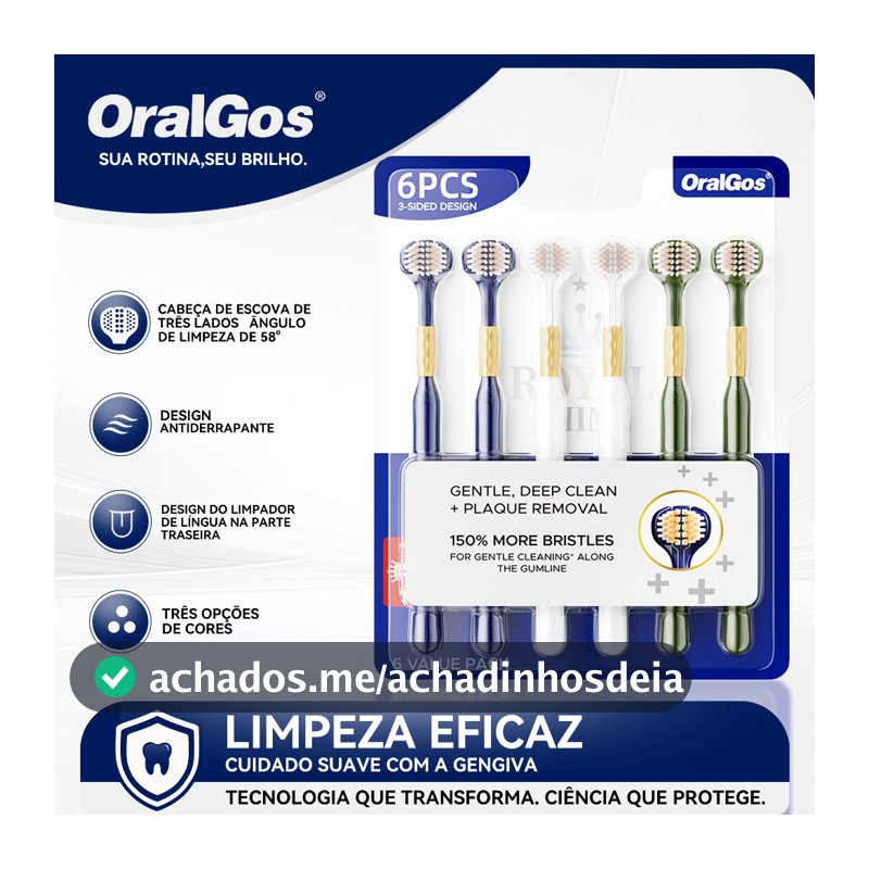 OralGos Escova Dental 3 Lados, Limpeza Profunda, Cerdas Macias, Para Gengivas Sensíveis