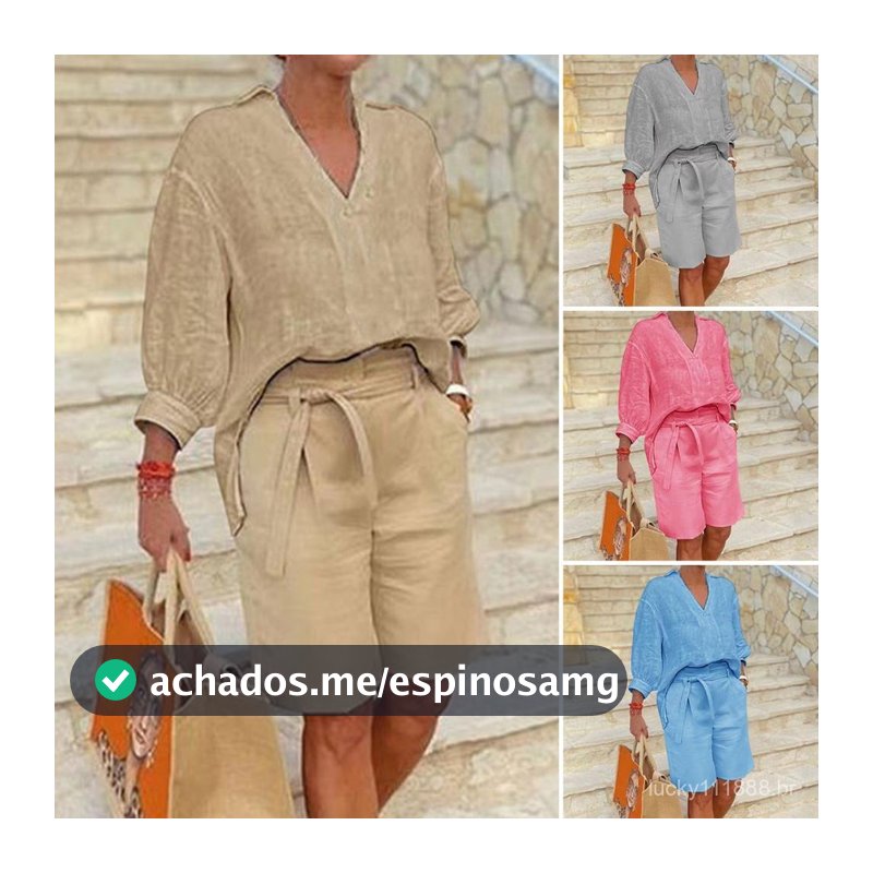Conjunto De Shorts Femininos Casuais De Algodão E Linho Com 2 Peças/Bolso Elástico Colorido Na Cintura Em V