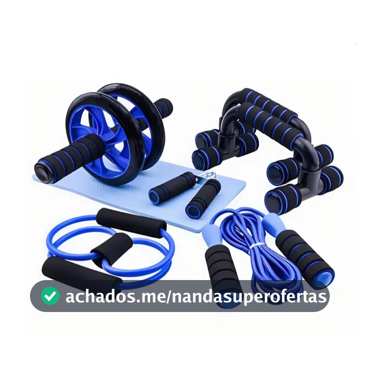 Kit Fitness 6 em 1 Roda Abdominal Flexão Corda Elástico Hand Grip Tapete Treino em Casa