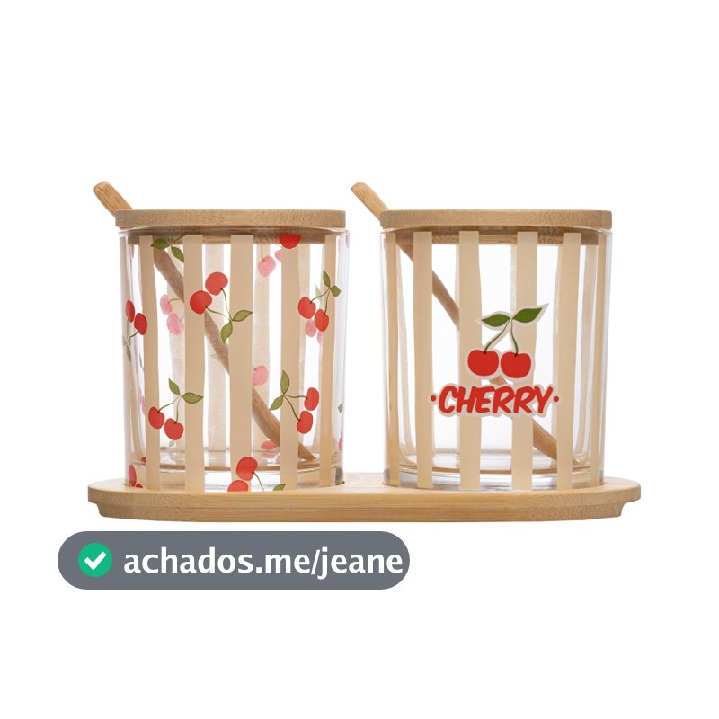 Conjunto 2 Potes de Vidro Cherry com Colheres e Bandeja Bambu Lyor para Geleias Mel Patês Mesa Posta Café da Manhã Ideal
