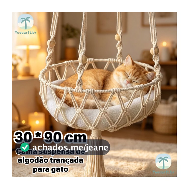 Rede De Algodão Tecida À Mão Para Gatos –Cama Suspensa Aconchegante 4 Estações (Ninho Boho Interno Animais De Estimação)