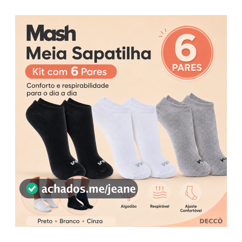 Kit Com 6 Pares de Meias Sport Mash Cano Curto em Algodao Unissex Para Corrida Caminhada