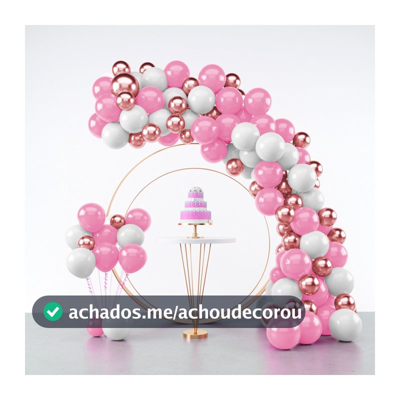 Kit 125 Balões Rosa + Branco + Rose Gold Metalizado - Balão Bexiga Liso/Cromado Para Festas e Aniversários