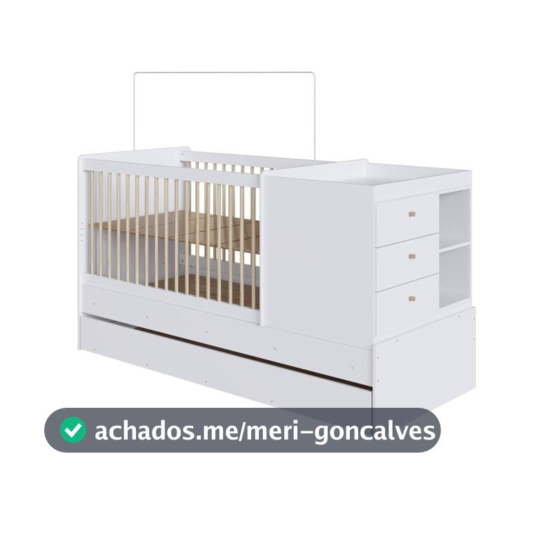 Berço Multifuncional com Cama Auxiliar e Cômoda Branco