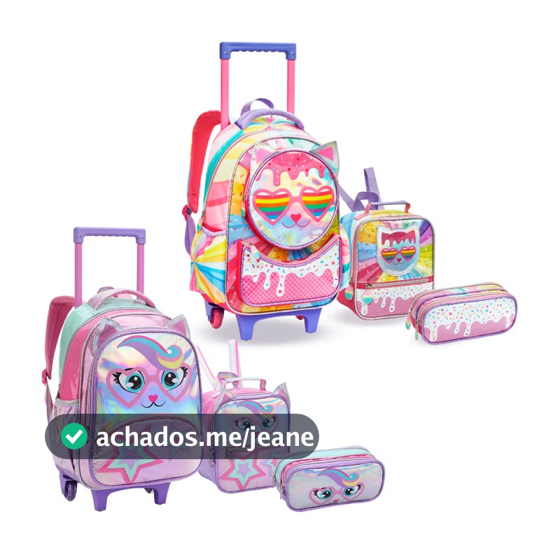 Kit Mochila Infantil Menina Escola De Rodinha Feminina Gatinha Arco Íris Lancheira Térmica e Estojo