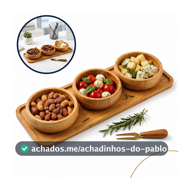 Petisqueira Bambu 3 Potes Bandeja Servir Aperitivos Moderna