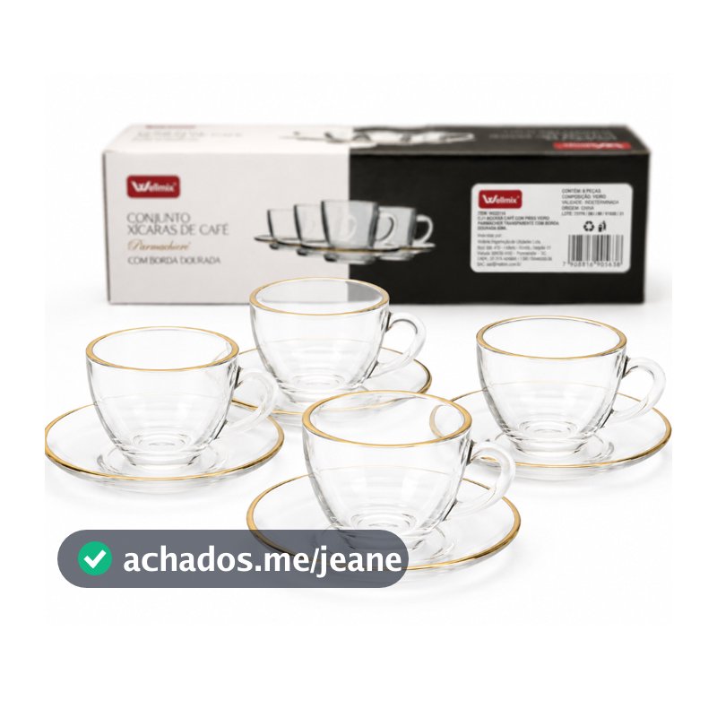 Jogo 4 Xícaras de Vidro Clássica com Pires e Borda Dourada 90ml Premium