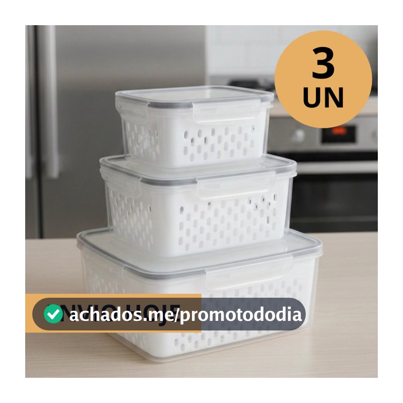 Kit 3 Potes Hermético Conjunto Com Cesto Escorredor Organizadores Cozinha Geladeira Caixa