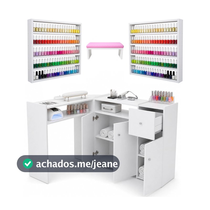 Mesa Manicure Em L Com Gaveta Em Corrediça Grande Completa + 2 Esmalteiras + Apoio De Mãos Unhas Gel