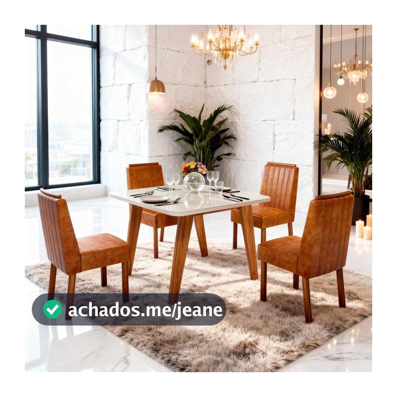 Sala de Jantar 90x90 Mavie MDF/Vidro Off 4 Cad. Bom Pastor