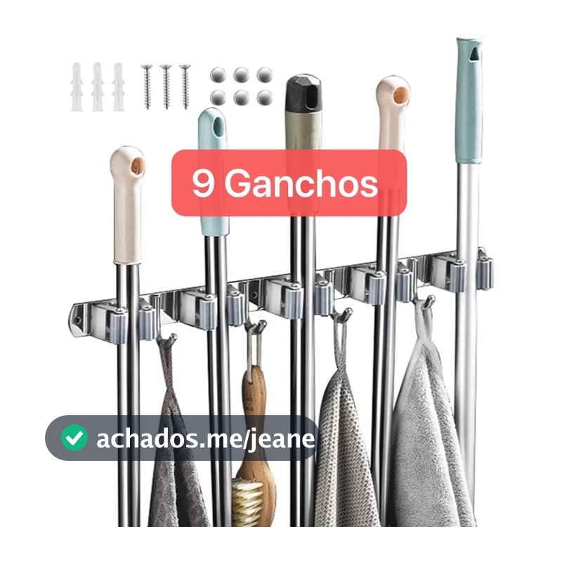 Suporte Vassoura Inox De Parede 4 Prededores de vassoura 5 Ganchos Porta Vassoura Mop Rodo Utensílios de Limpeza