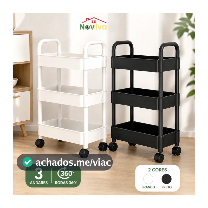 Carrinho Organizador 3 Andares com Rodas 360° | Multiuso PP Reforçado 40x30x76cm Preto ou Branco