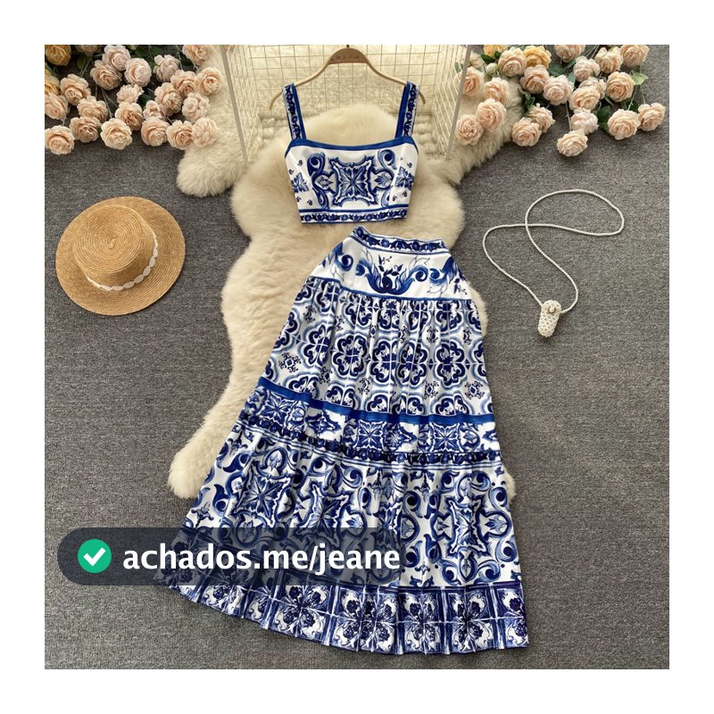 Moda Feminina Sexy Elegante Fatos De Estamparia De Verão Tops De Tanque + Cintura Alta Midi Pleat Half Dress Two Piece Sets