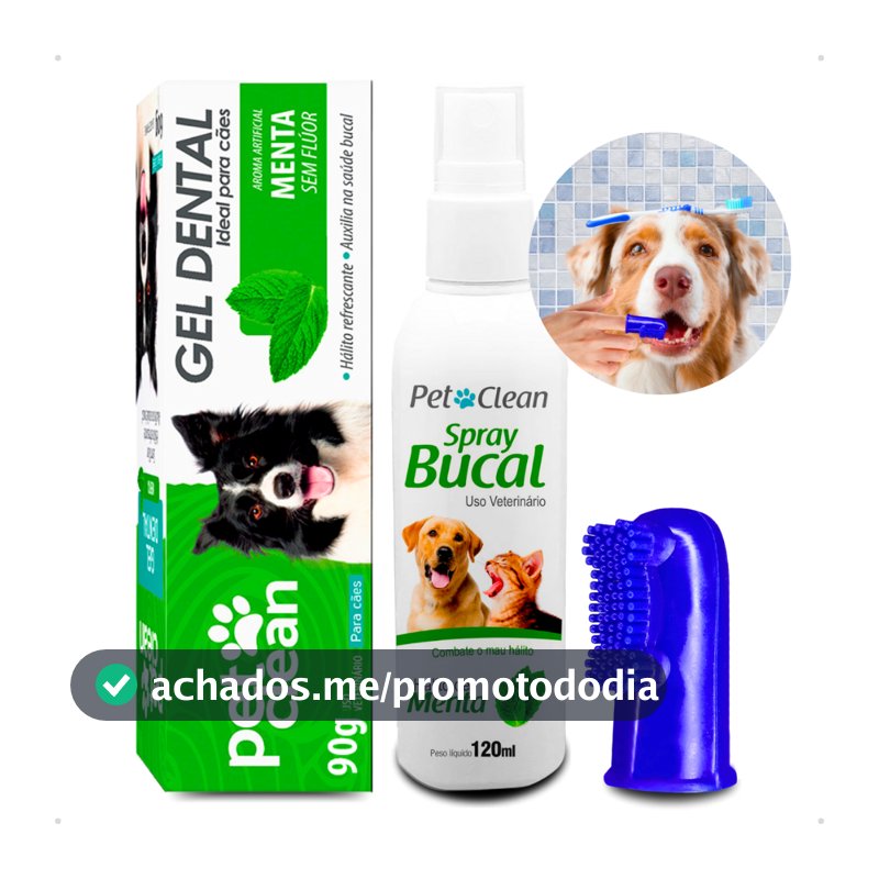Kit Higiene Dental Pet Cachorro e Gato Gel Pasta 90g + Spray Hálito 120ml + Escova Dedeira Pet Clean