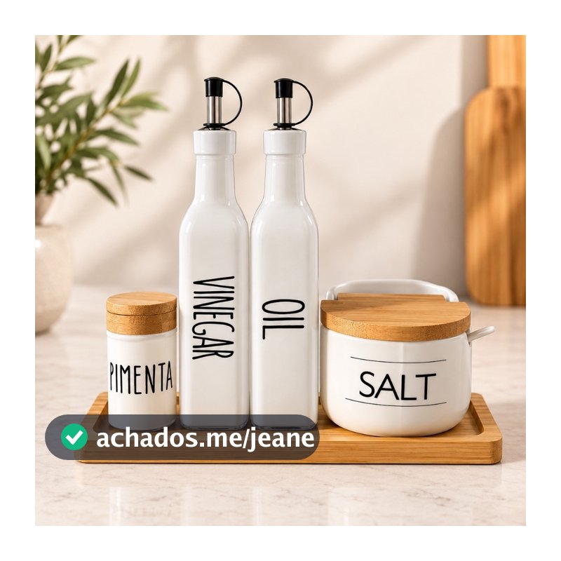 Kit Galheteiro Completo Azeiteiro Vinagreiro Saleiro Pimenteiro Branco Bandeja Bambu Azeite Sal