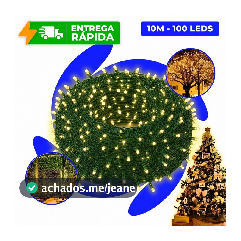 Pisca Pisca 100 LEDs 10m 8 Funções Natal Fio Verde Ou Transparente Branco Quente 127V Cordão Janela Árvore