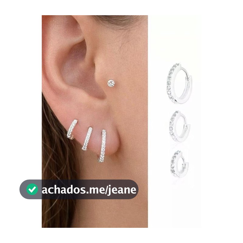 Trio de brinco argola prata 925, cravejado, liso, fino zirconia