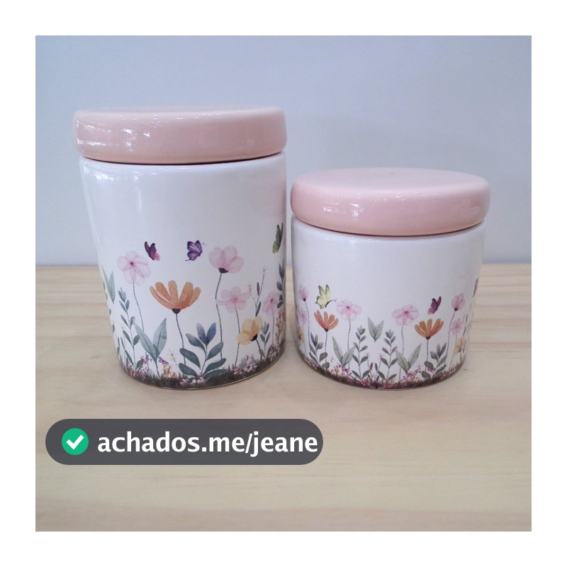 Par de Potes de Cerâmica Jardim Encantado com Tampa Rose para Kit Higiene Bebe ou Lavabo Banheiro