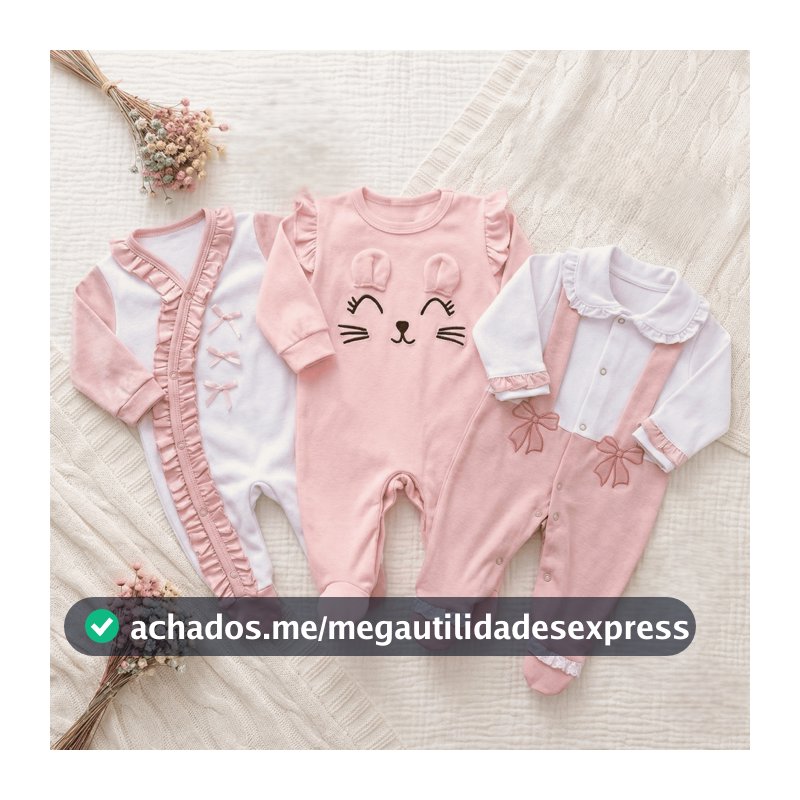 Kit macacões bebê menina 3 peças em algodão Eloá