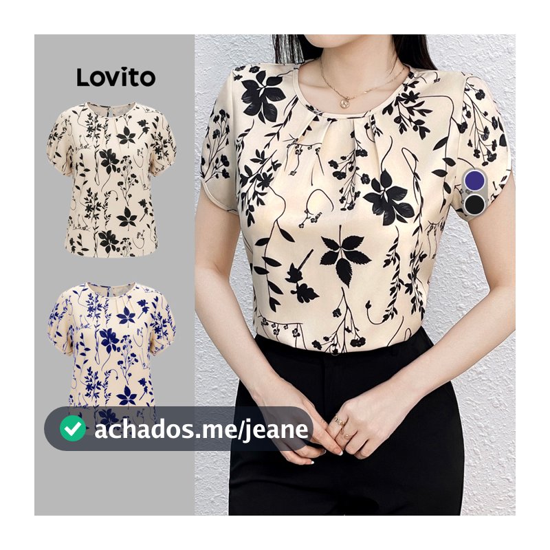 Lovito Elegante Blusa Feminina com Flores Franzida Primavera/verão Blusas Femininas em Alta L143ED387
