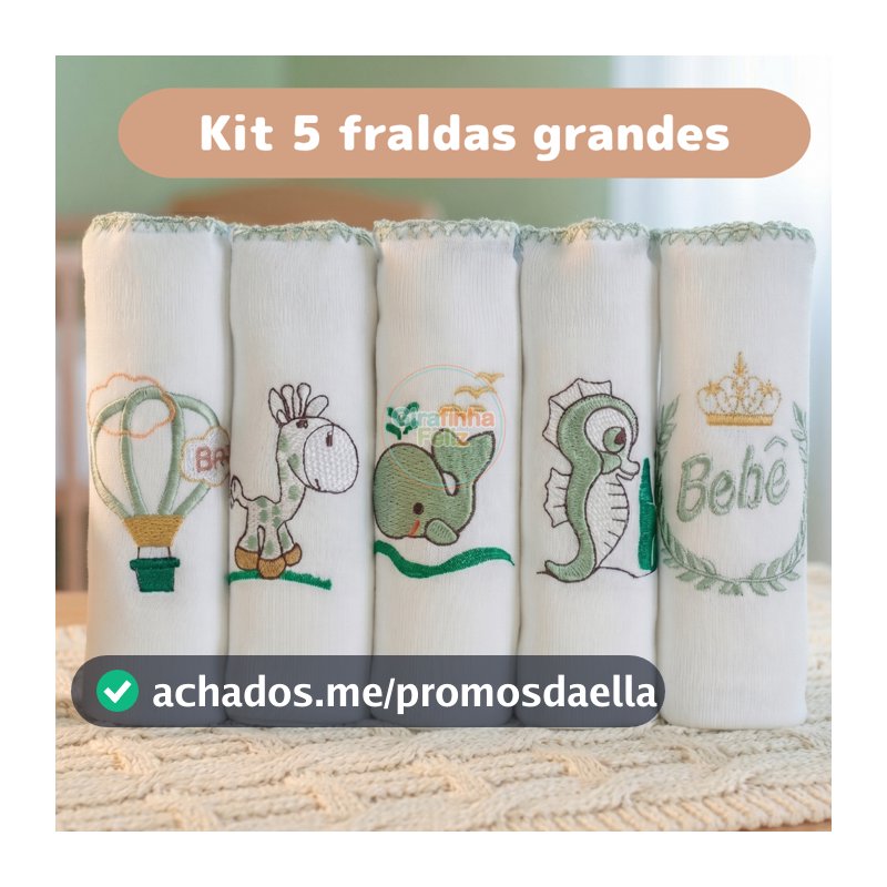 Kit 5 Fraldas de Pano Para Bebê Bordadas 70x70cm Tecido Duplo 100% Algodão Enxoval Menino Menina