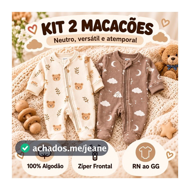 Kit 2 Macacão Bebê Com Zíper 100% Algodão