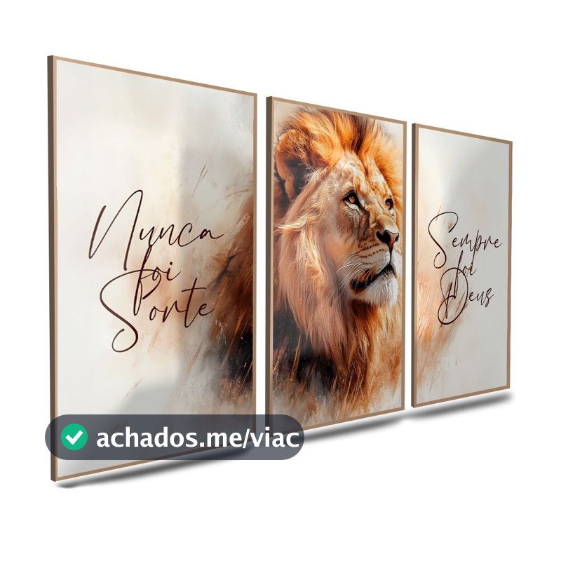 Quadro Decorativo Leão Motivacional Nunca Foi Sorte Sempre Foi Deus Fé Força e Inspiração 122x60