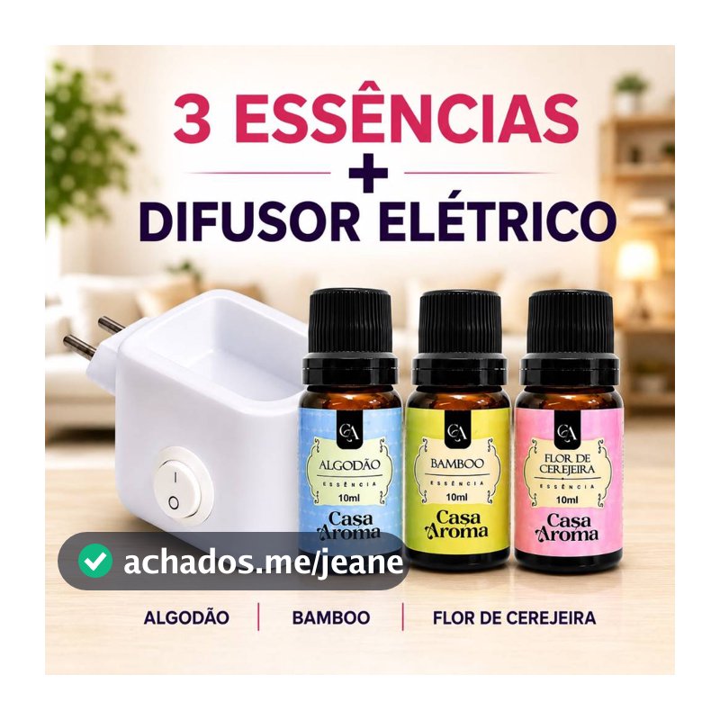 Kit 3 Essência Pura Super Concentrada para Aromatizador + 1 Difusor Elétrico Tomada Ambiente
