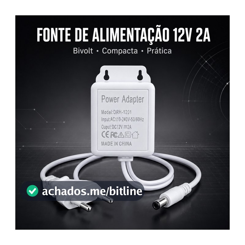 Fonte de Alimentação 12V 2A Bivolt 110V 220V Adaptador AC/DC Conector DC Branco