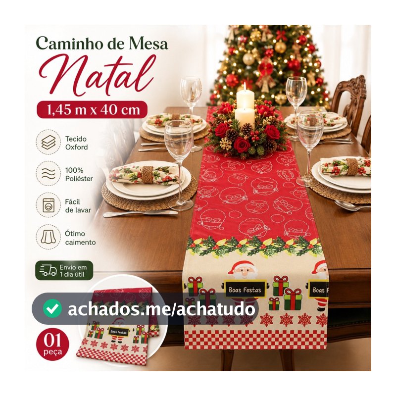 Caminho de Mesa Natal Trilho de Decoração Mesa Posta 1,45m x 40cm Corredor Mesa Passadeira