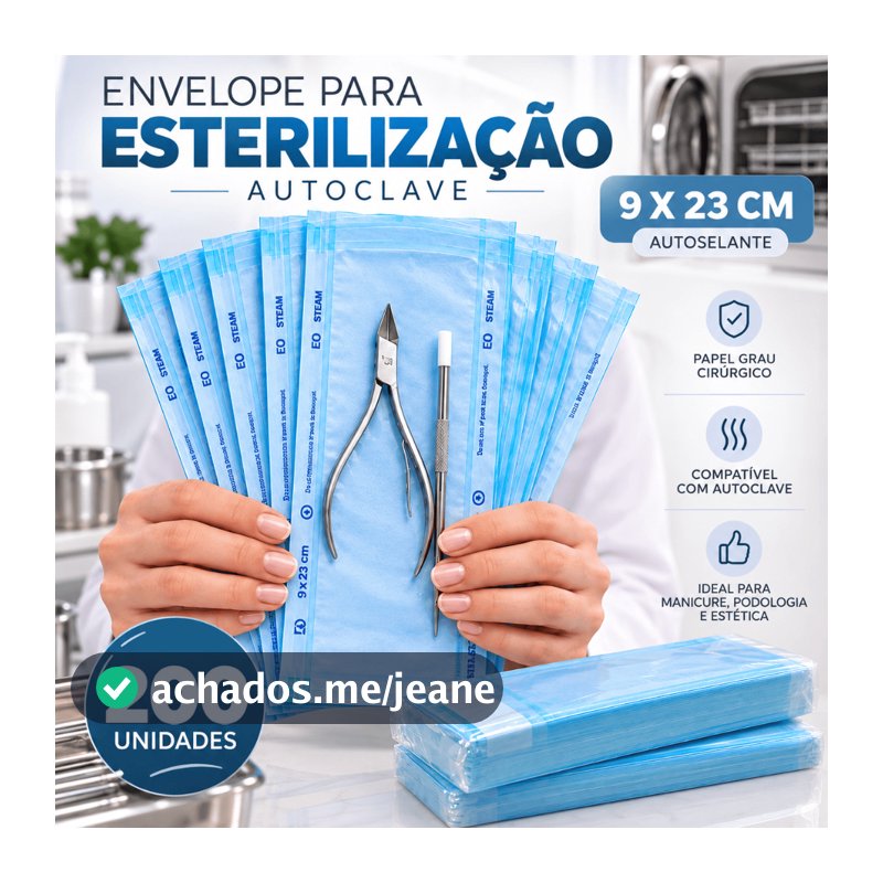 Envelope para Autoclave Esterilização 9x23cm Autosselante Papel Grau Cirúrgico 200 Unidades Manicure Podologia Estética
