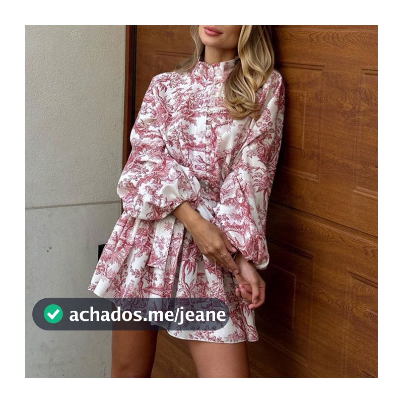 Mulher temperamento elegante moda de manga comprida com vestido estampado de cintura alta (28391)