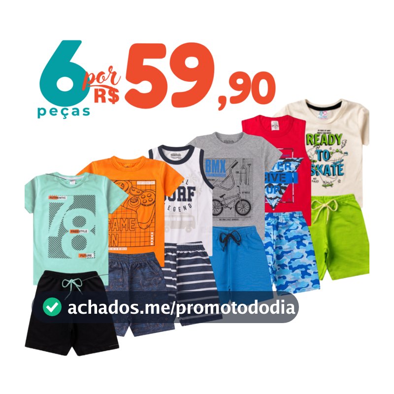 Kit 6 Peças Roupa Infantil Menino Conjunto Verão Algodão Camiseta e Bermuda 1 a 12 Anos