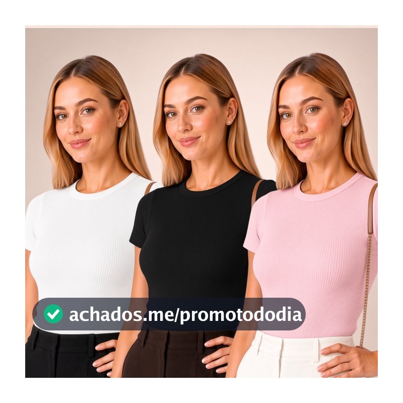 Kit 3 Blusas femenina canelado Casual Manga Curta Tendência Estilosa Básica Verão Elegante Ribana Elastano super elastan