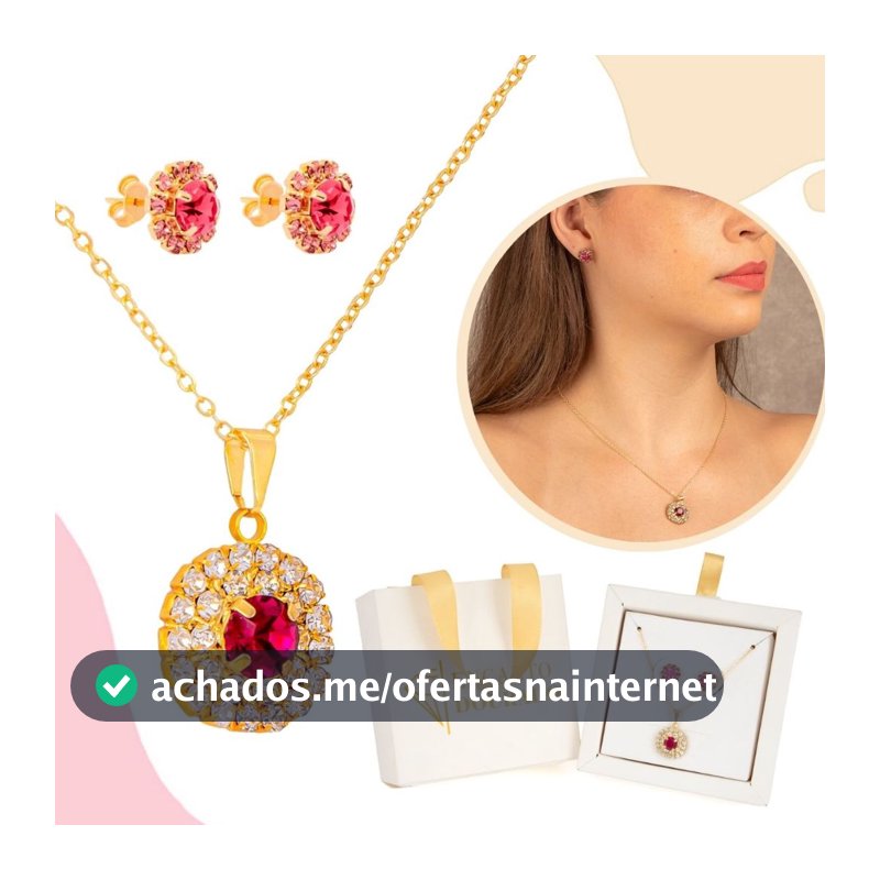 Conjunto Brincos E Corrente Formato Flor Moda Feminina Banhado a Ouro