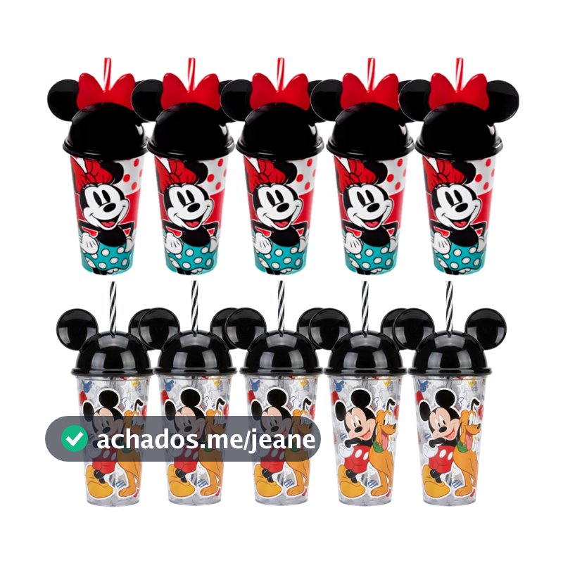 Kit Festa Lembrancinha Copo Canudo Orelinha Minnie e Mickey 500 mL Plasútil Estampas Variadas
