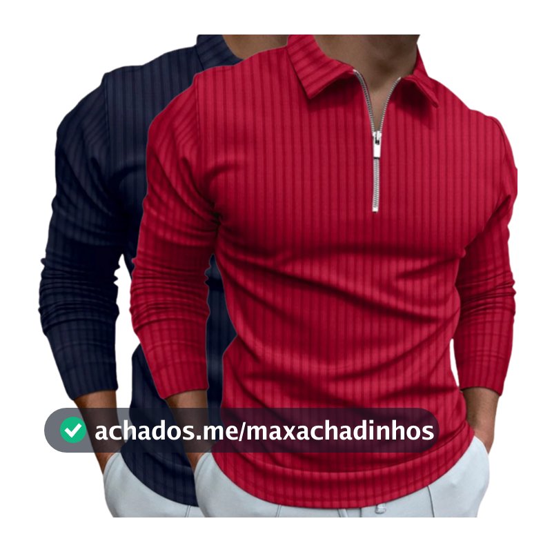 Kit 2 Camisetas Polo Manga Longa Camisa Com Ziper Masculina Malha Canelada Camiseta Camisa