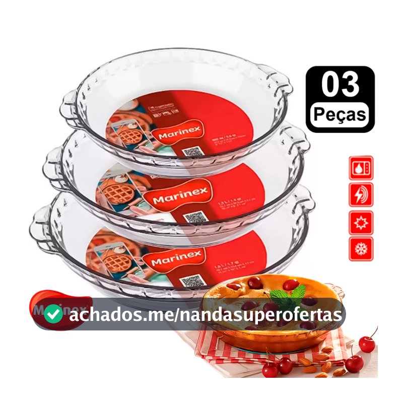 Jogo 3 Assadeiras Vidro Filetada Marinex 0,6L 1,3L 1,6L Conjunto Forma PMG Decorações Bolo Pudim