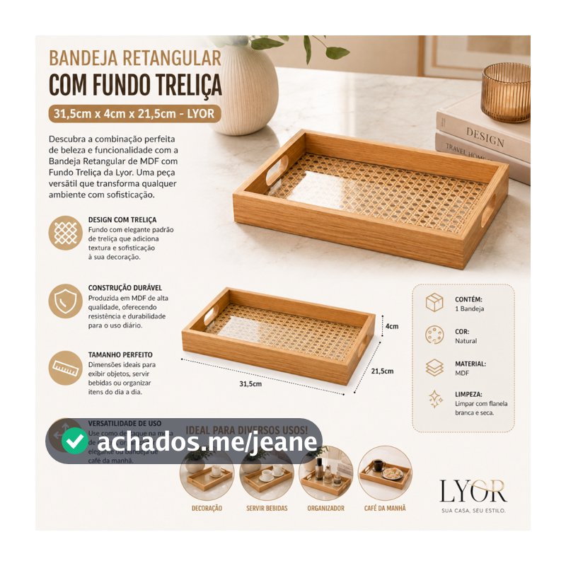 Bandeja Retangular Grande Bambu e Palhinha Com Alças 39cm Decoração Elegante Lyor