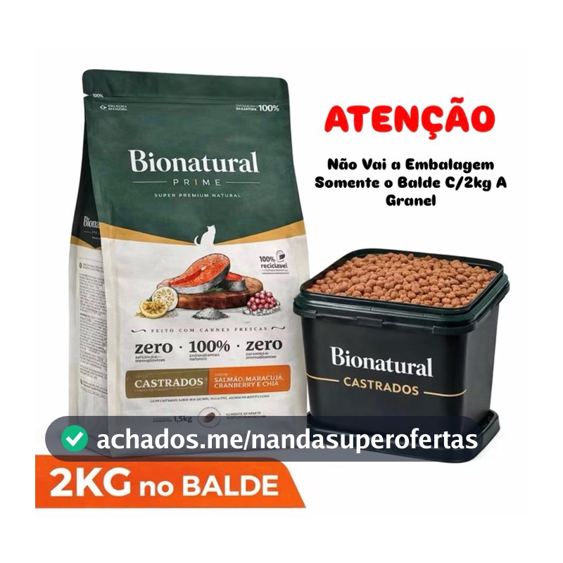 Ração Bionatural Prime Super Premium Gatos Castrados  Salmao  2Kg A Granel no Balde