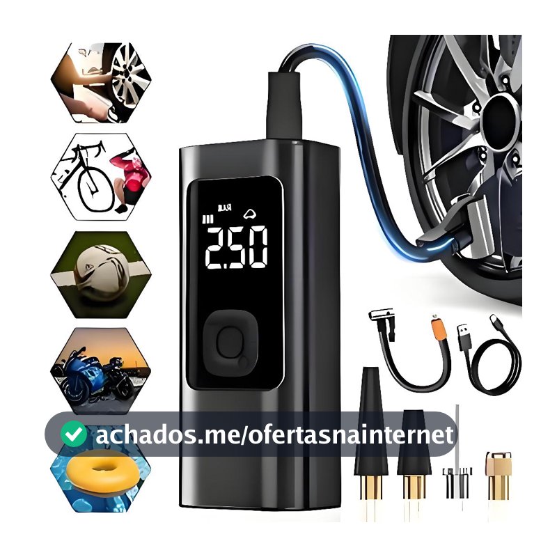 Bomba de Ar Elétrica 12V Compressor Portátil para Pneus de Carro, Moto, Bicicleta e Acessórios -M6