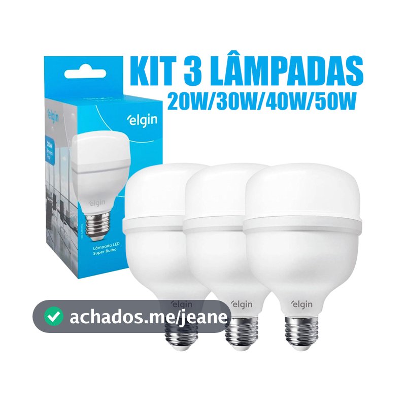 Kit 3 Lâmpadas Led Elgin Bulbo Alta Potência 20w 30w 40w 50w Bivolt 110/220V 6500k Luz Branco Frio